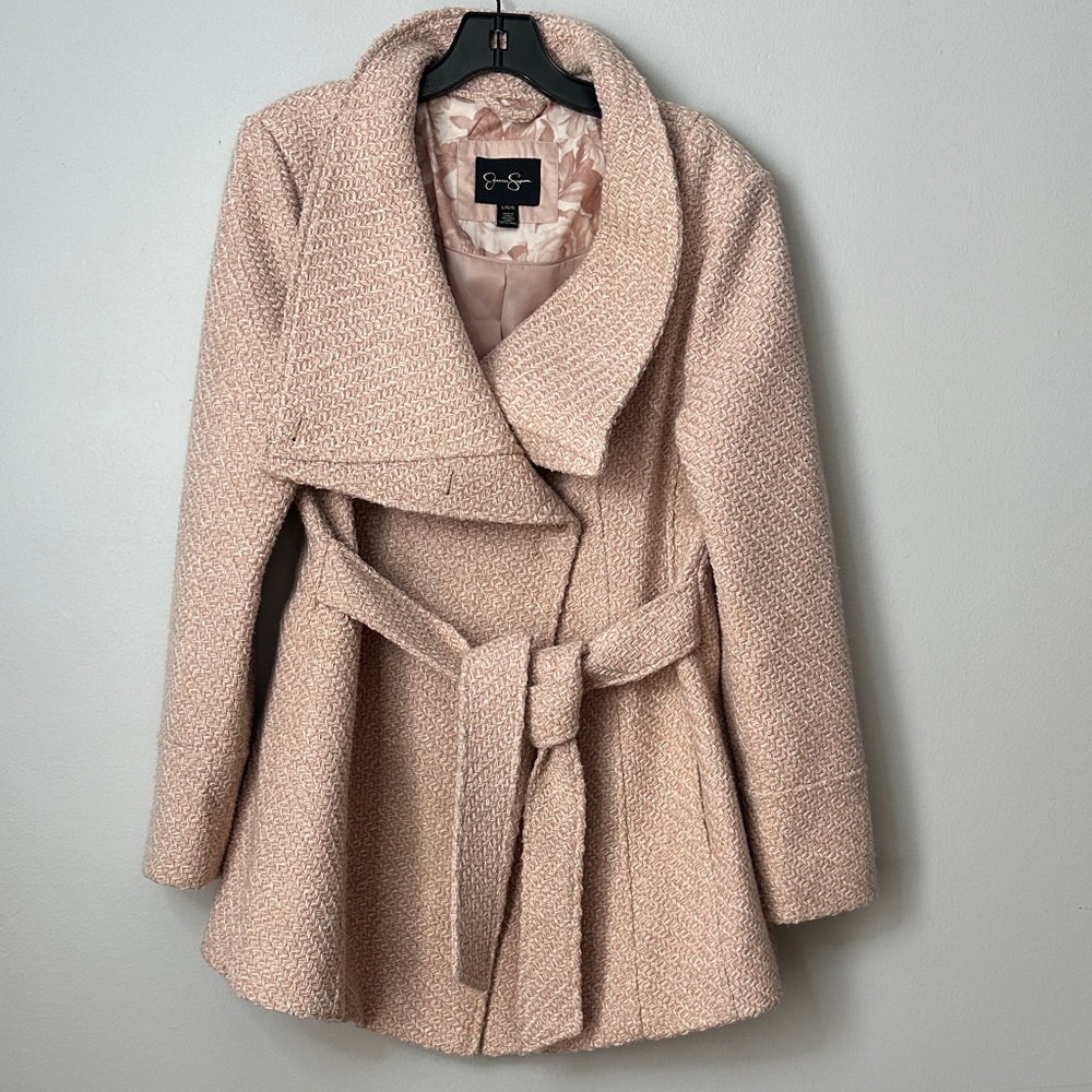 Jessica Simpson Pink Wrap peacoat with a tie waist and gold buttons. Size L